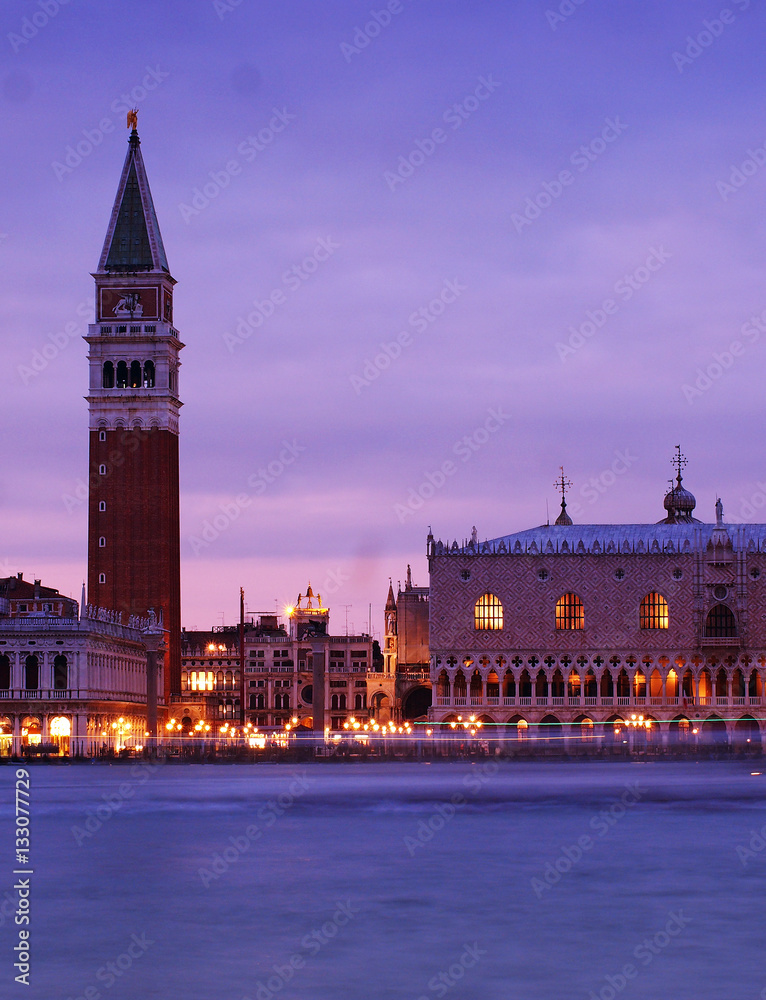 Travel in Italy - A purple sunset at the St. Marc Square and Belltower, Venice, Italy, view from St. George Island