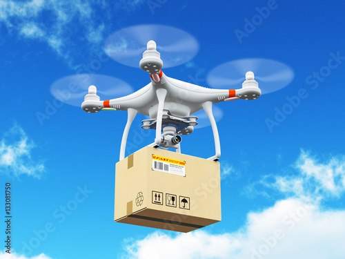 Delivery drone with cardboard box in the blue sky