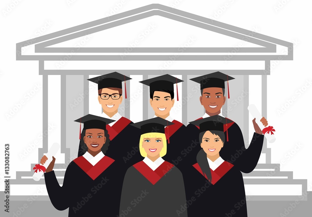 Obraz premium a group of graduates of different nationalities in gown graduate on the background of the university