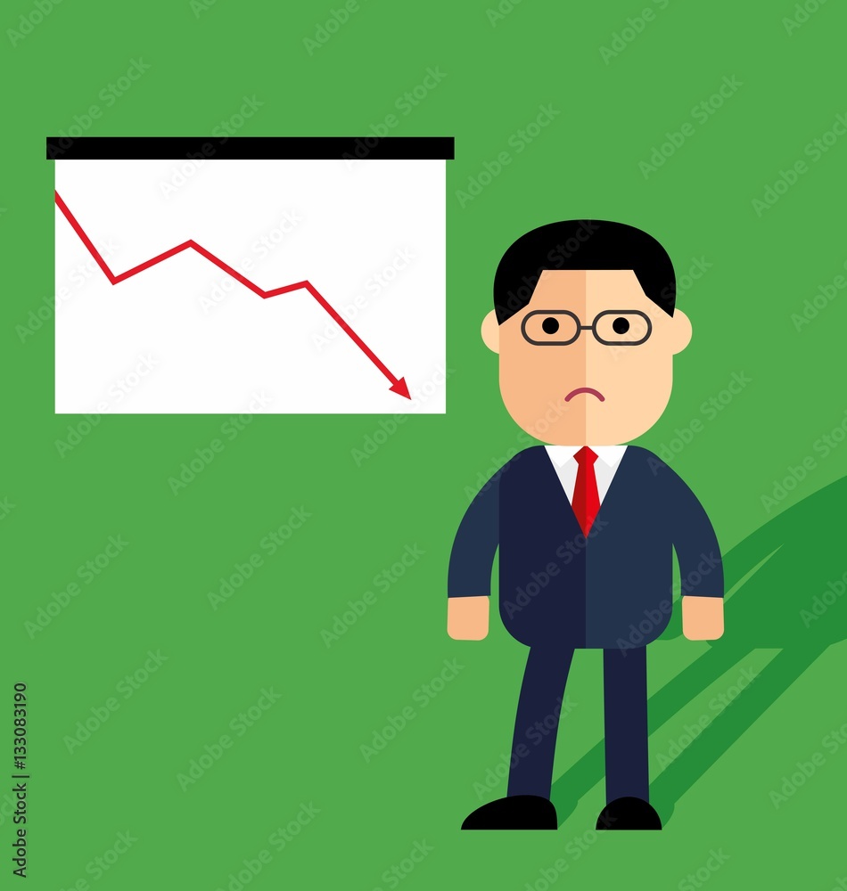 A businessman or manager thinking, Down arrows, statistic financial graphic, Vector illustration in flat style isolated on the background