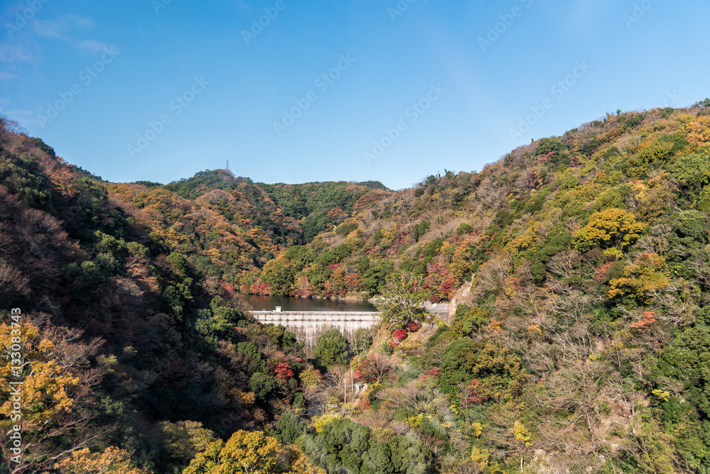 Aerial view of Gohonmatsu dam in the autumn. Kobe, Japan.