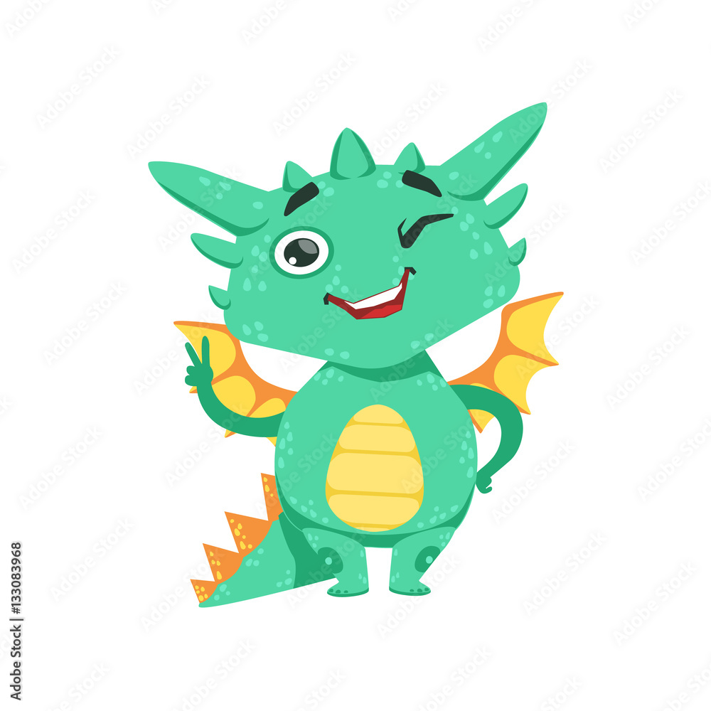 Little Anime Style Baby Dragon Winking And Showing Peace Gesture Cartoon Character Emoji Illustration Little Anime Style Baby Dragon Winking And Showing Peace Gesture Cartoon Character Emoji Illustration