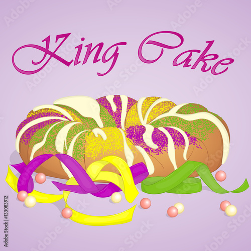 Traditional festive King Cake to celebrate Mardi Gras. Festive beads and ribbons surround the cake. Background for Fat Tuesday in cartoon style. Vector illustration. Holiday Collection.