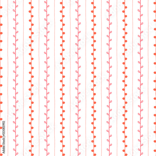 Seamless vector pattern. Red pink vertical lines and twigs on white background. Hand drawn illustration