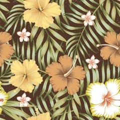 Fotobehang Hibiscus patronen Tropische hibiscus frangipani op bruin  © berry2046