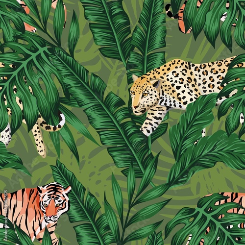 green banana leaves tiger leopard seamless background