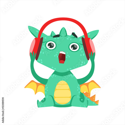 Little Anime Style Baby Dragon Listening To Music With Headphones Cartoon Character Emoji Illustration