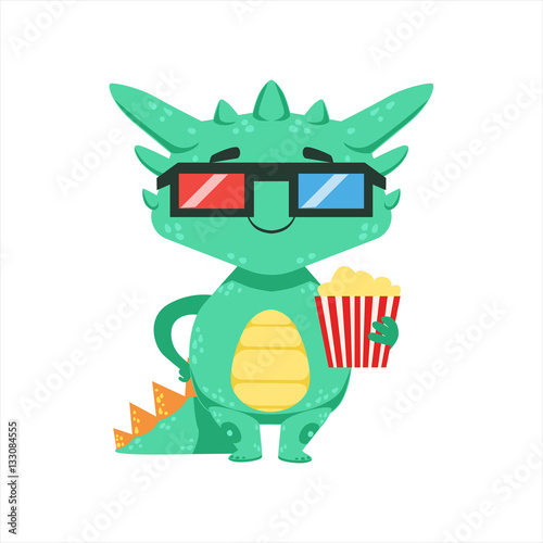 Little Anime Style Baby Dragon In Movie Theatre In 3D Glasses Cartoon Character Emoji Illustration