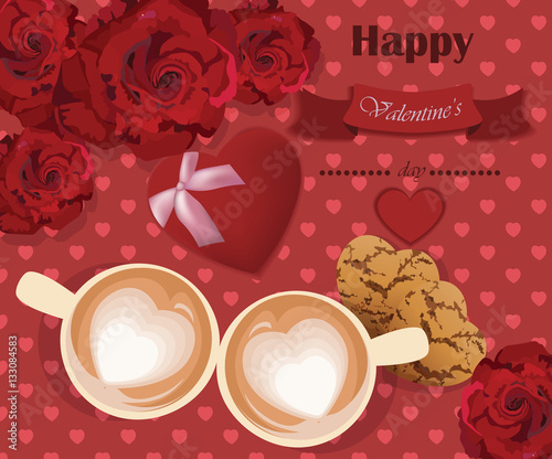 Romantic roses love two coffee cups on red hearts background