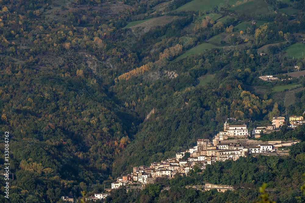 Aerial view of the village of Farindola, Pescara, Abruzzo, Italy