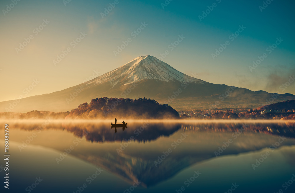 Mount fuji at Lake kawaguchiko,Sunrise , vintage