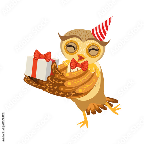 Owl And Birthday Present Cute Cartoon Character Emoji With Forest Bird Showing Human Emotions And Behavior