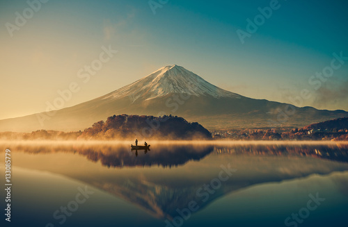 Mount fuji at Lake kawaguchiko,Sunrise , vintage photo