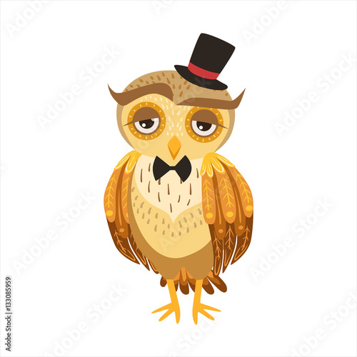 Gentleman Owl In Top Hat Cute Cartoon Character Emoji With Forest Bird Showing Human Emotions And Behavior