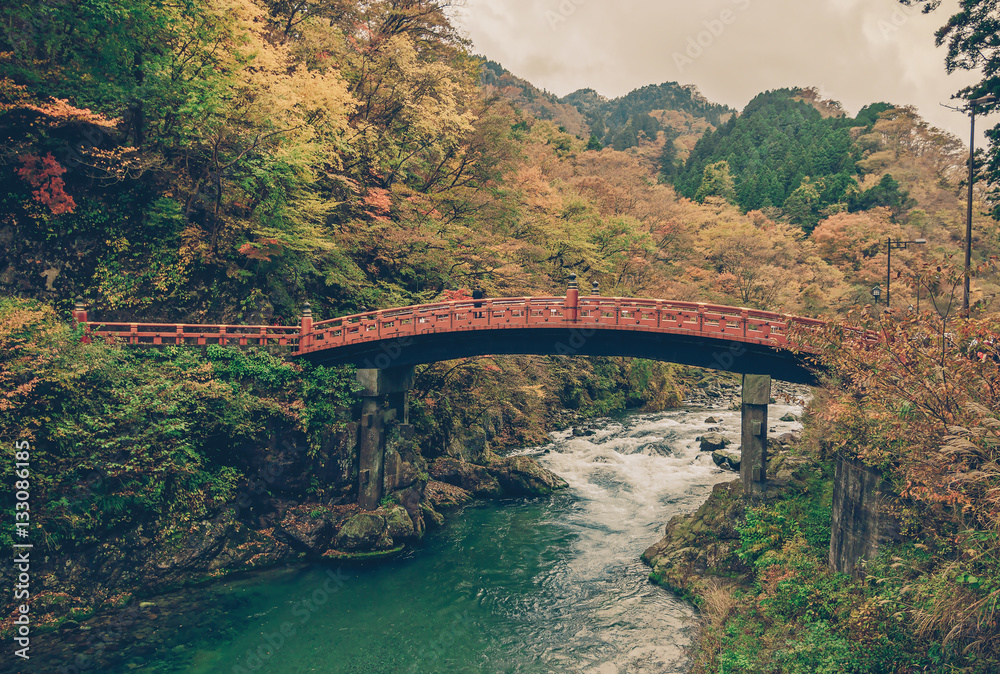 Shinkyo Bridge during Autumn in Nikko, Tochigi, Japan ,vintage