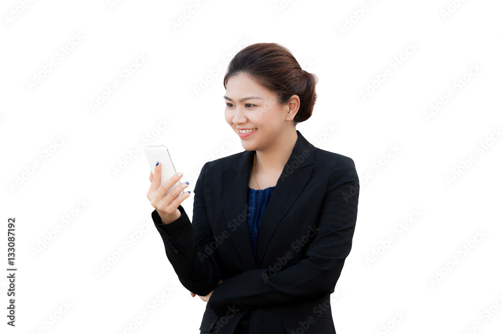 Portrait of smiling business woman looking phone Portrait of smiling business woman looking phone