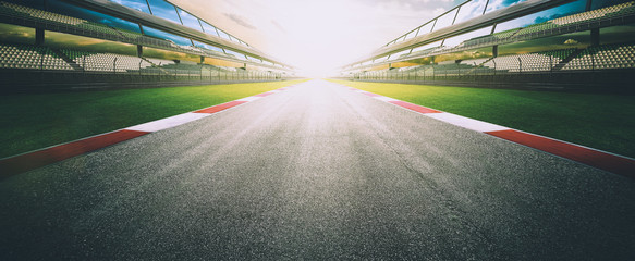 Fototapete Motorsport Blick auf die unendliche leere Asphalt-International-Rennstrecke, Hintergrund für die Rekomposition der digitalen Bildgebung. Abend Szene.  © jamesteoh.art