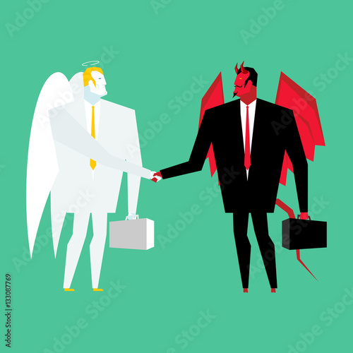 Devil and angel business deal. Satan and God handshake. Archange