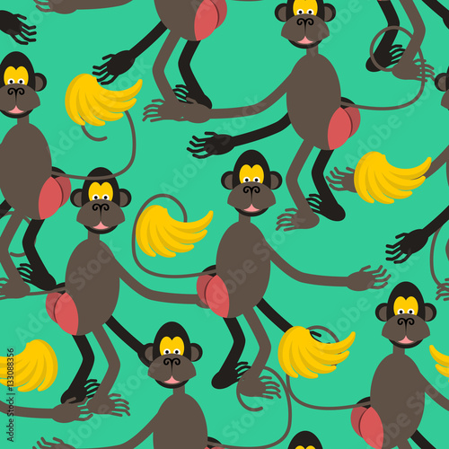 Hamadryad seamless pattern. monkey red butt and banana backgroun