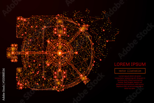 Abstract mash line and point bank vault door in flames style on dark background with an inscription. Business of a starry sky or space, consisting of stars and the universe. Vector illustration