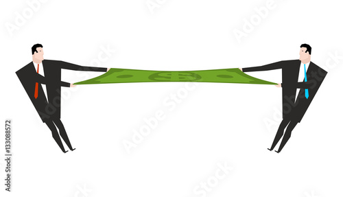 Businessman divide money. Two people share profits. Separation o