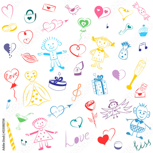 Colorful Hand Drawn Set of Valentine's Day Symbols. Children's Cute Drawings of Hearts, Gifts, Rings, Balloons and Kids. Sketch Style. Vector Illustration.