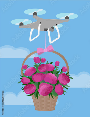 Drone deliver gift basket pink peonies bouquet Valentine Day love