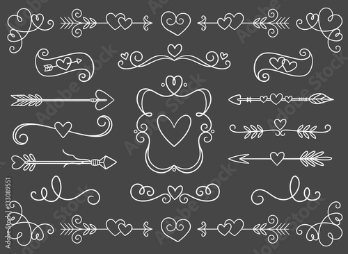 Collection of hand drawn vintage swirl ornaments full of hearts. Perfect for Valentine's day invitation cards and page decoration. Vector illustration.