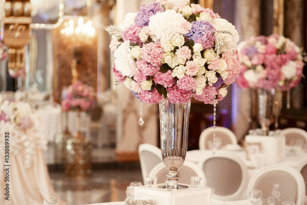 Large bouquet of pink and white roses, hydrangeas and pinks stan Large bouquet of pink and white roses, hydrangeas and pinks stan