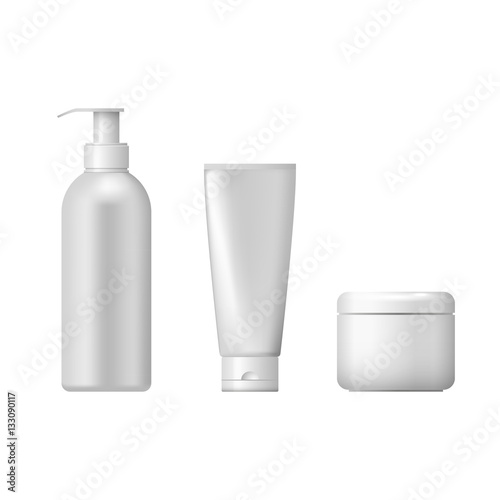 Set of cosmetic packages isolated on white background. Cosmetic package for cream, shampoo and liquid soap. 