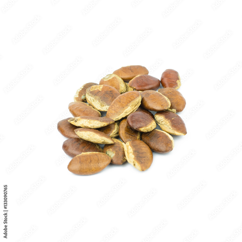 Fototapeta premium Roasted kayu seeds on white background (Irvingia malayana benn)
