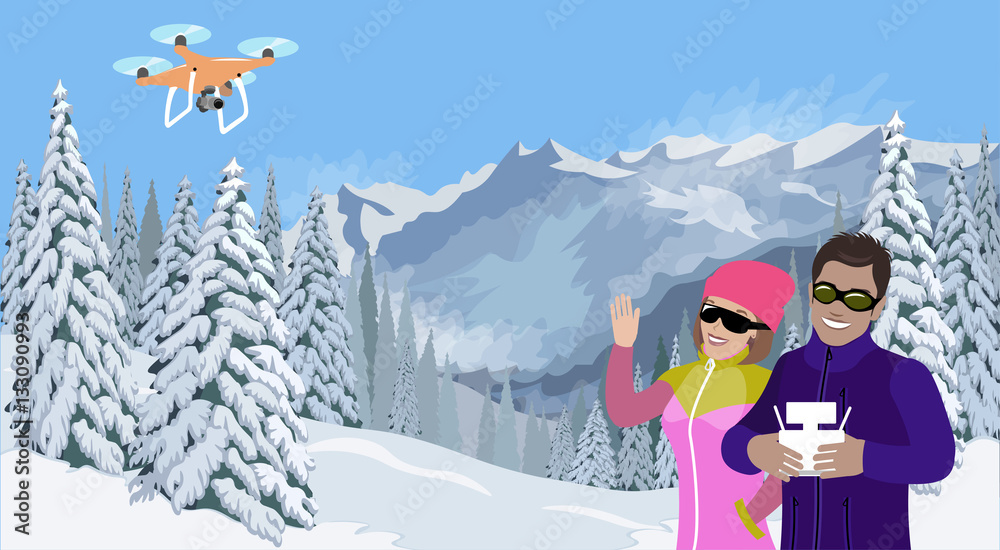 Mountain winter landscape couple selfie dronie quadcopter drone video blogger