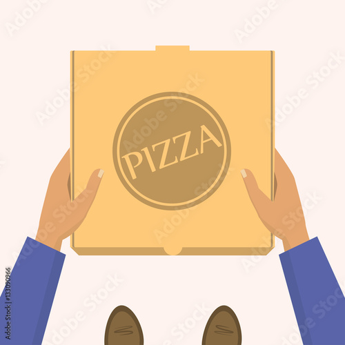 Pizza delivery. Handing product boxes. Delivery men handing a box with pizza 