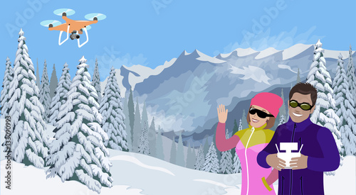 Mountain winter landscape couple selfie dronie quadcopter drone video blogger