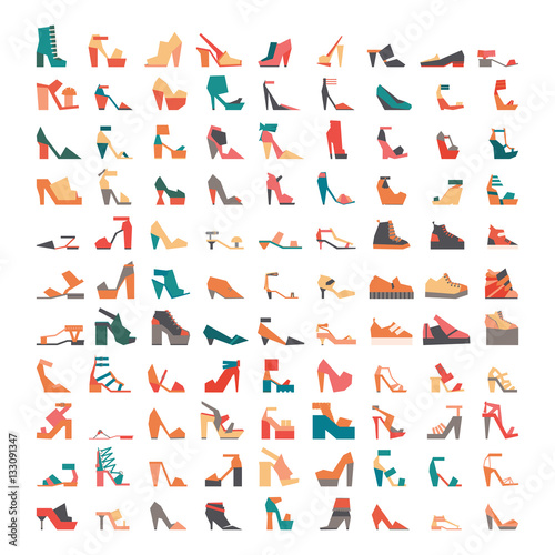 Large vector bundle with stylish contemporary flat shoes icons  drawn in geometric style and isolated on white background. Large collection with 99 different colorful shoes  sandals and other footwear