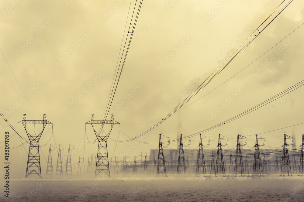 Hight voltage power transmission tower. Power supply and energetics concept. Toned.