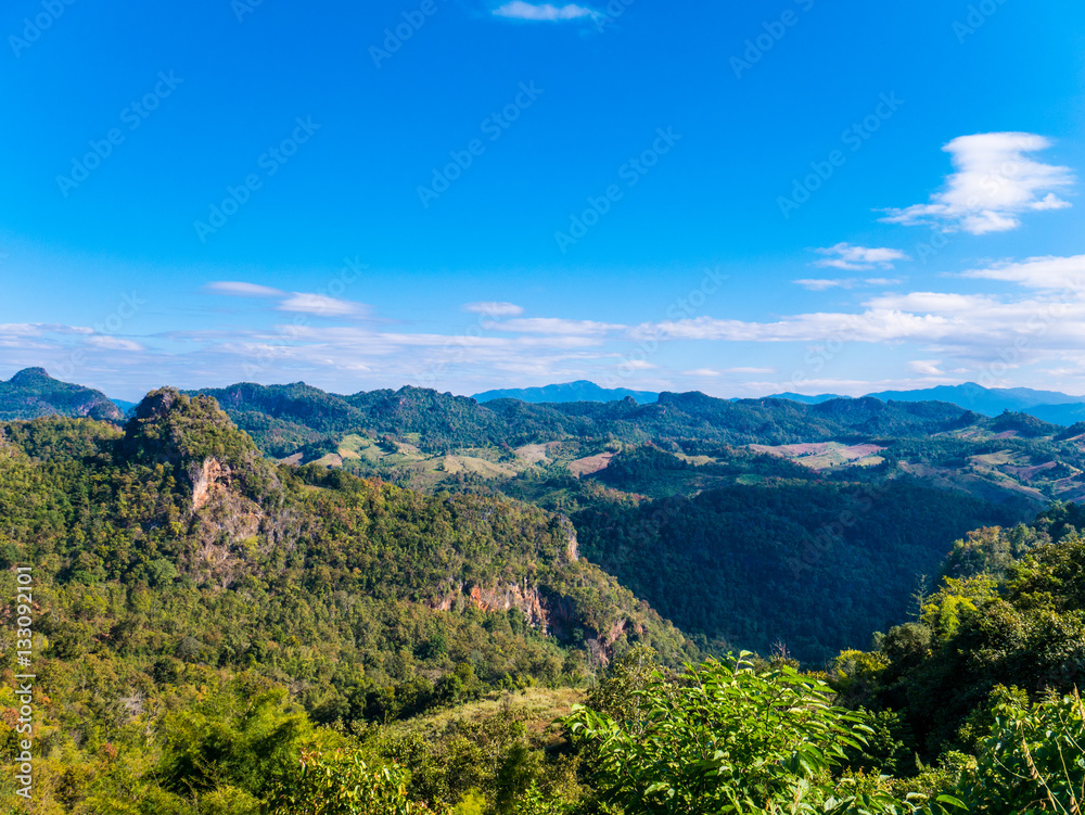 Naklejka premium Beautiful View of Green Mountain in Deep Forest with Blue Sky