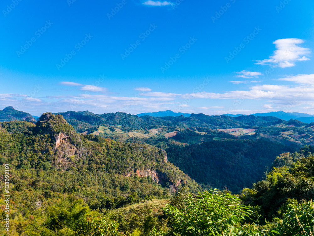Beautiful View of Green Mountain in Deep Forest with Blue Sky
