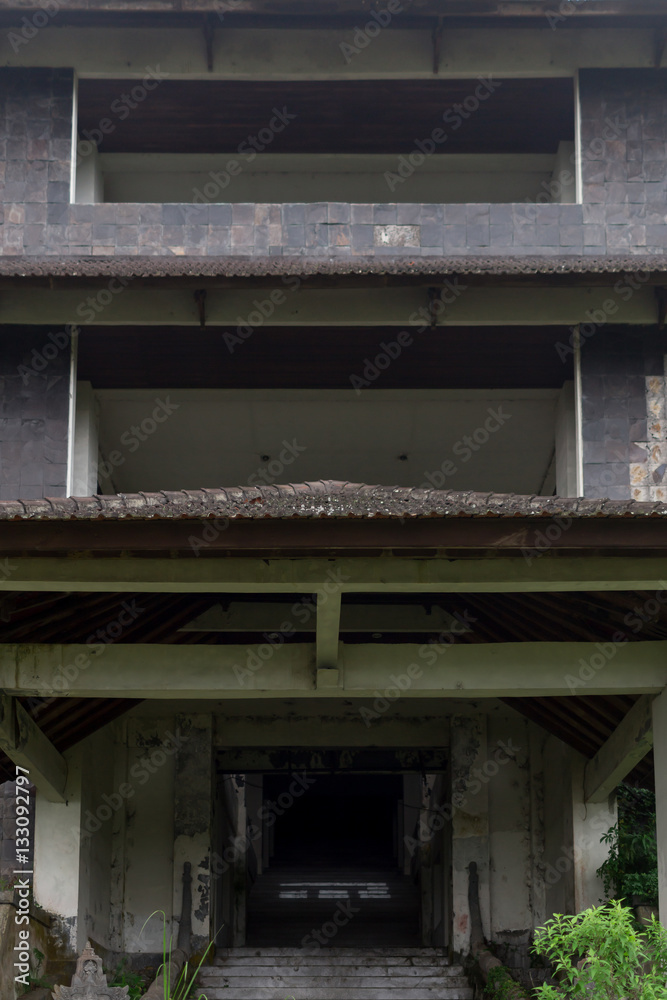 Abandoned and mysterious hotel Bedugul Taman in the fog. Indonesia.