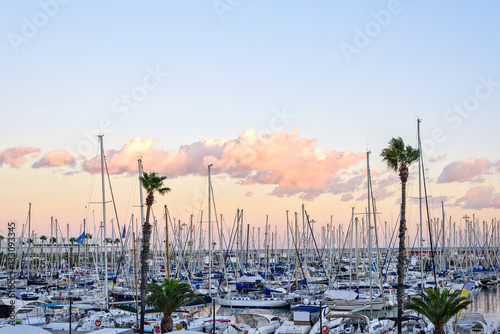 Photography Boats at the Pier in Barcelona, Spain. Warm Sunset
