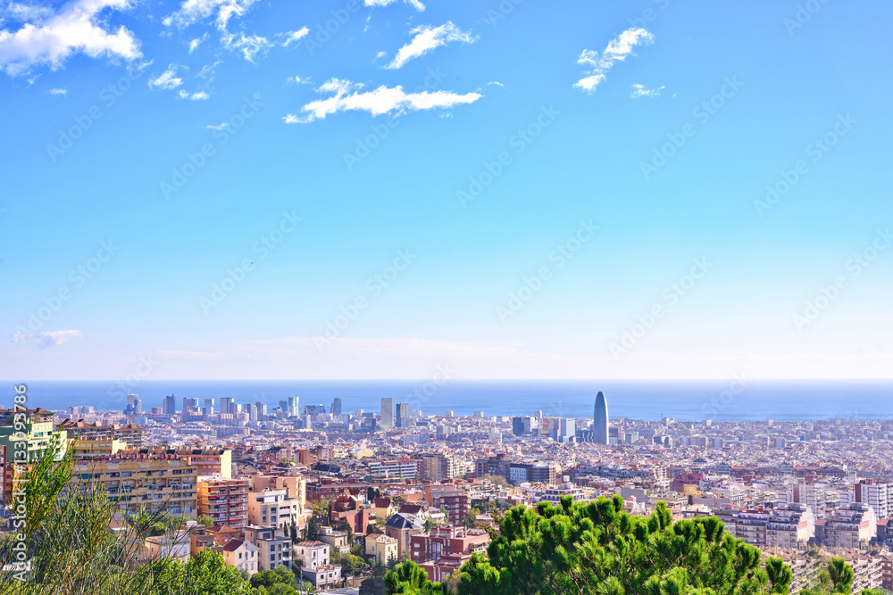 Barcelona city View from Park Guell at sunrise. Beautiful blue sky Barcelona city View from Park Guell at sunrise. Beautiful blue sky