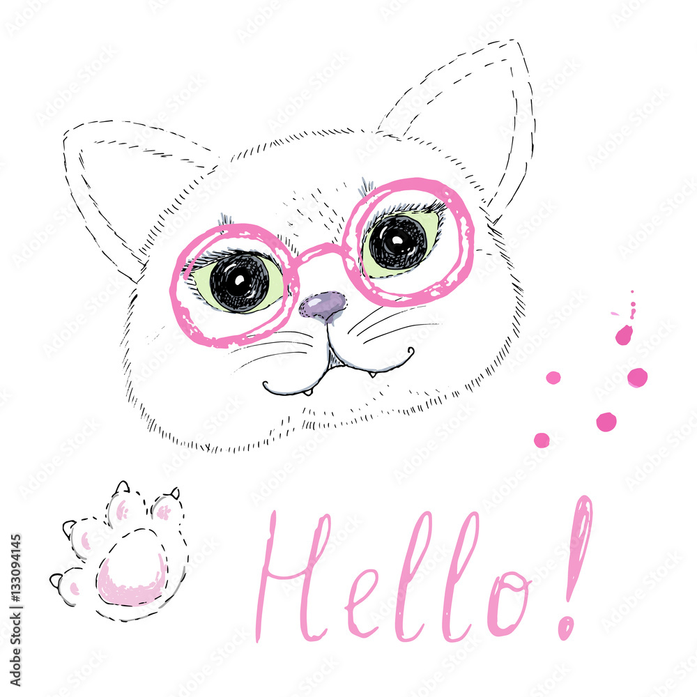 cute cat with glasses on white background