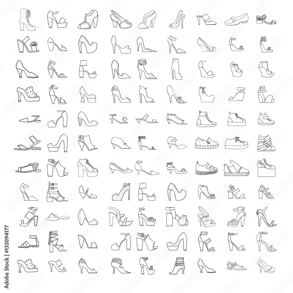Large vector set with summer and spring shoes, sandals and sneakers with different heel types. Hand drawn collection of black outline fashion shoes on white. Beautiful collection.