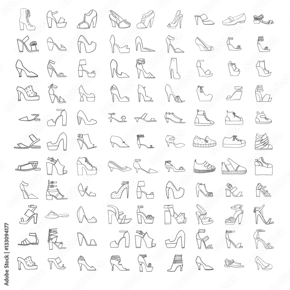Large vector set with summer and spring shoes, sandals and sneakers with different heel types. Hand drawn collection of black outline fashion shoes on white. Beautiful collection. Large vector set with summer and spring shoes, sandals and sneakers with different heel types. Hand drawn collection of black outline fashion shoes on white. Beautiful collection.
