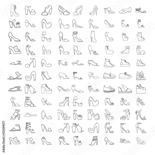 Large vector set with summer and spring shoes, sandals and sneakers with different heel types. Hand drawn collection of black outline fashion shoes on white. Beautiful collection.
