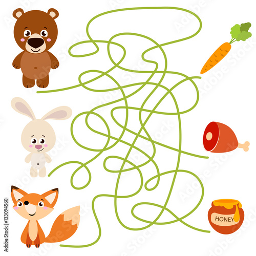 Cute animal educational maze game. Vector illustration of maze(labyrinth) educational game with cute cartoon rabbit, fox, bear for children
