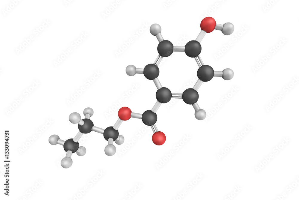3d structure of Propylparaben, an n-propyl ester of p-hydroxyben 3d structure of Propylparaben, an n-propyl ester of p-hydroxyben