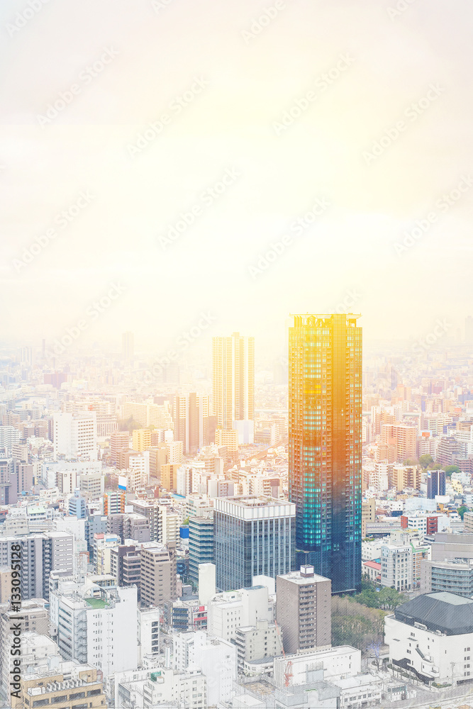 Asia Business concept for real estate - panoramic modern cityscape building bird eye aerial view under sunrise and morning blue bright sky in Osaka, Japan. Mix hand drawn sketch illustration