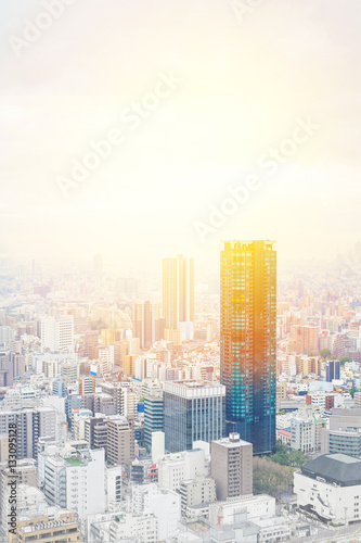 Asia Business concept for real estate - panoramic modern cityscape building bird eye aerial view under sunrise and morning blue bright sky in Osaka  Japan. Mix hand drawn sketch illustration