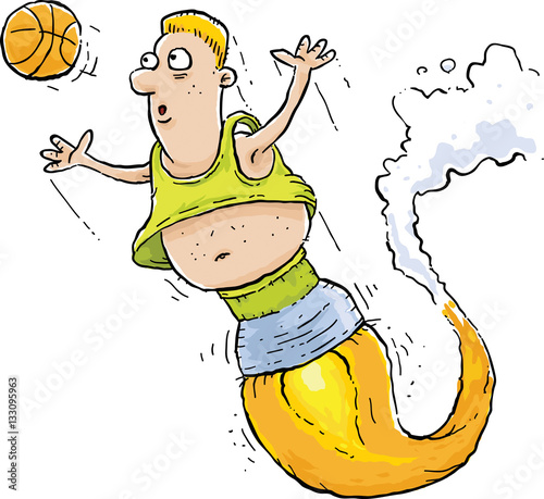 A cartoon basketball player man uses rocket thrust to go after a basketball in the air.